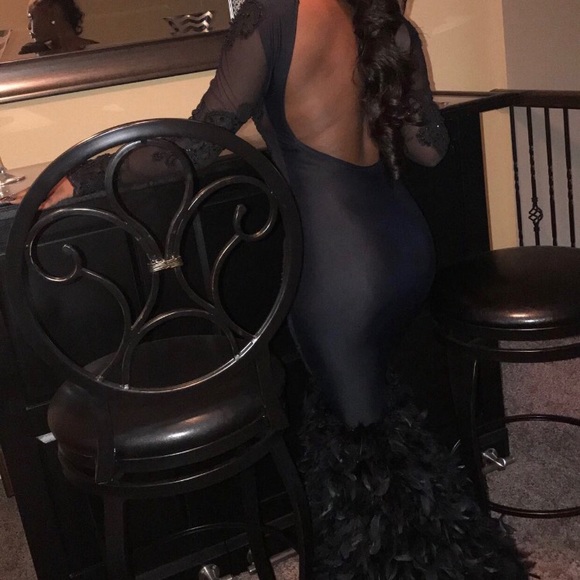 Black Feather Mermaid Prom Dress - Picture 3 of 5